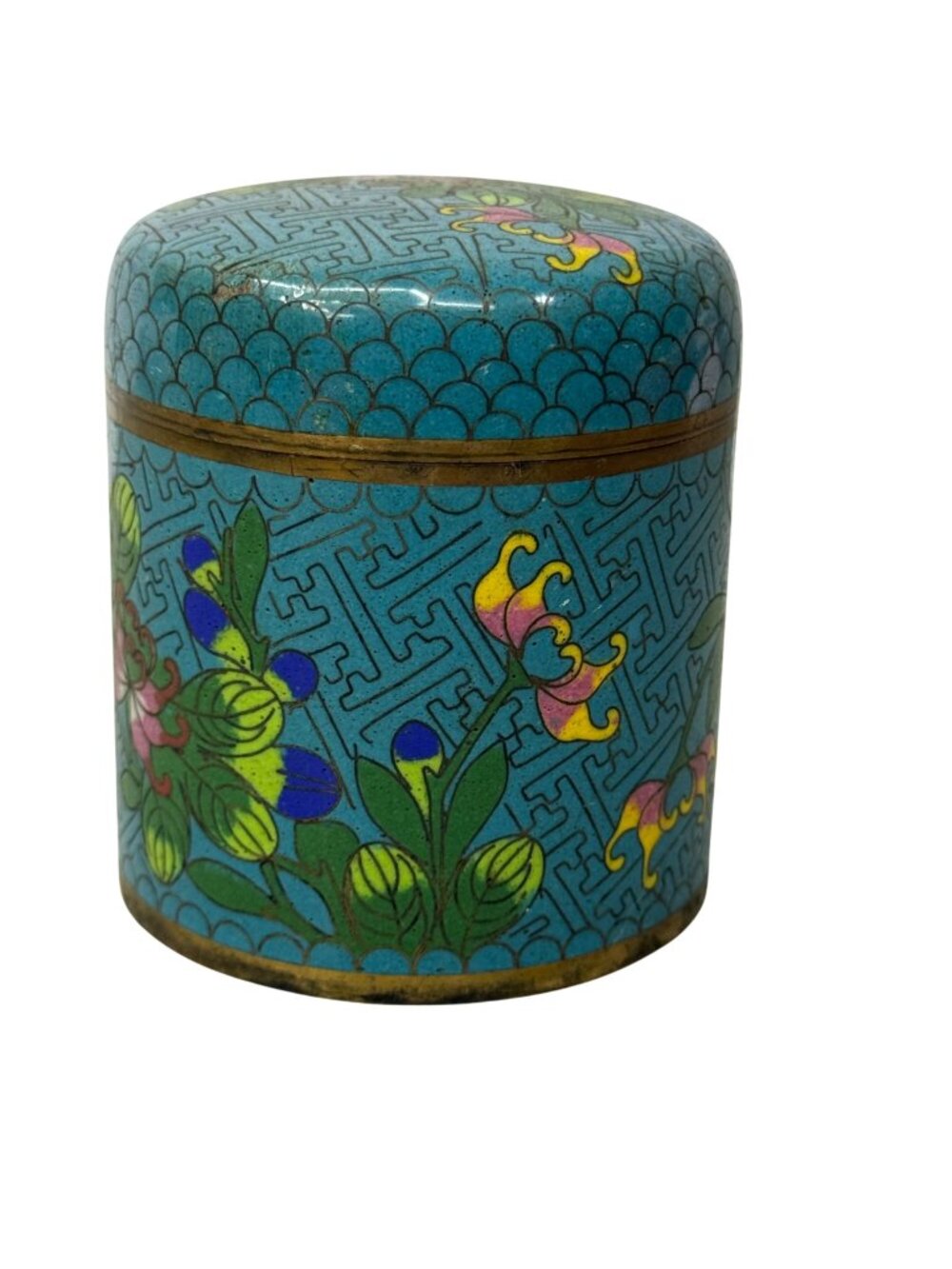Tea Caddy Trinket Jar Cloissone Chinese Round Floral Box Teal Enamel Flowers 3"